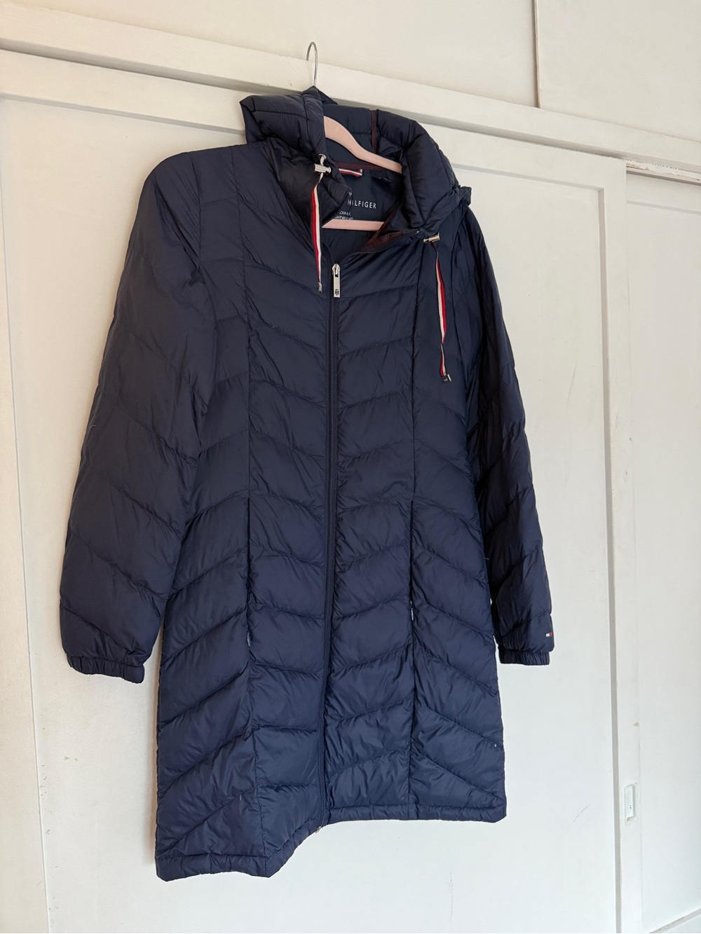 Thin Tommy Hilfiger Navy Long Quilted Puffer Jacket with Hood